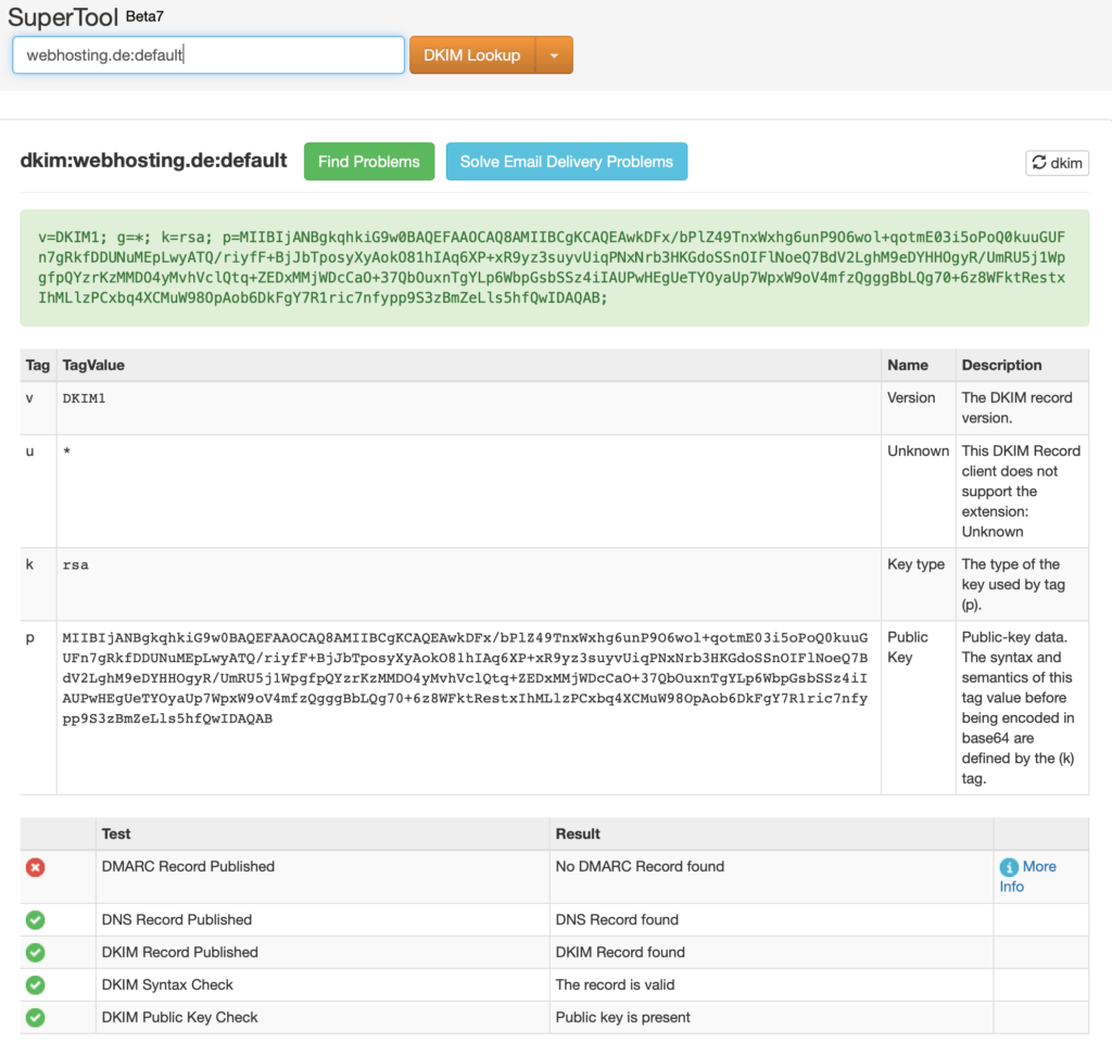 DKIM Eintrag prüfen mit mxtoolbox