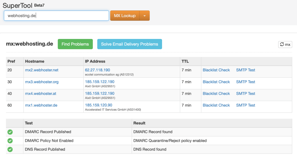 DKIM、SPF、DMARCのエントリをチェックします。