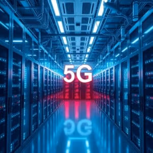 高速接続と先進技術を象徴する5Gアンテナとサーバーを備えた未来型データセンター
