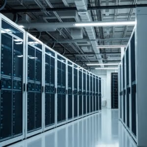 Moderno centro dati per l'hosting in colocation con rack per server e sistemi di raffreddamento