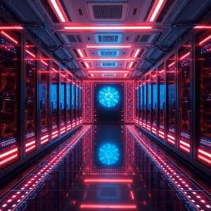 Futurisztikus szerverszoba AI-vezérelt rendszerekkel és holografikus kijelzőkkel