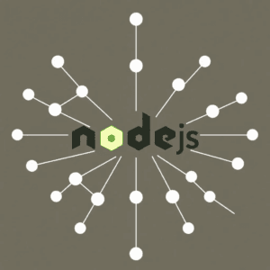 Stiliseret fremstilling af Node.js-logoet omgivet af netværksknuder, der symboliserer JavaScript-miljøet på serversiden.