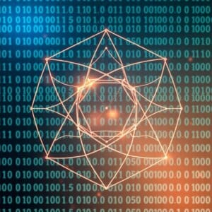 Abstrakcyjna reprezentacja kryptografii odpornej na kwanty z przeplatającymi się geometrycznymi kształtami i kodem binarnym w tle