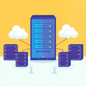 Ilustração do conceito de revenda de hospedagem com servidor centralizado e recursos distribuídos