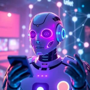 Futuristischer KI-Chatbot interagiert mit verschiedenen Geräten, umgeben von Datenströmen und Netzwerkverbindungen