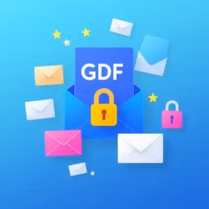 Rappresentazione astratta dell'email marketing conforme al GDPR con buste, lucchetti e simboli di protezione dei dati.