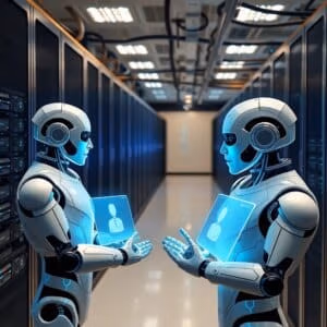 Футуристический центр обработки данных с чат-ботами с искусственным интеллектом для поддержки хостинга