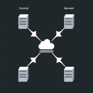 Terheléselosztó hálózati diagram több szerverrel és központi terheléselosztóval