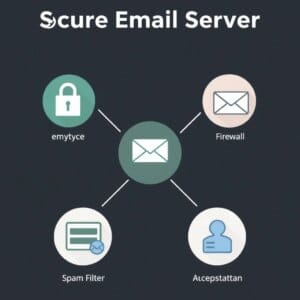 Schema per l'impostazione di un server e-mail sicuro con icone per crittografia, firewall, filtro antispam e protocolli di autenticazione.