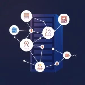 Абстрактна илюстрация на уеб хостинг сървър с мрежови елементи