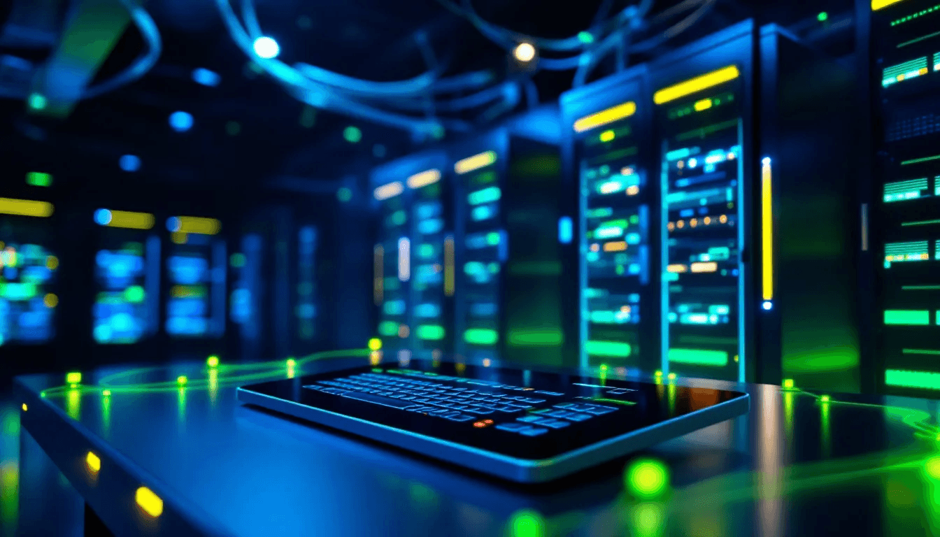 Une image d'un centre de données moderne représentant la sécurité et l'efficacité de l'enregistrement des domaines.