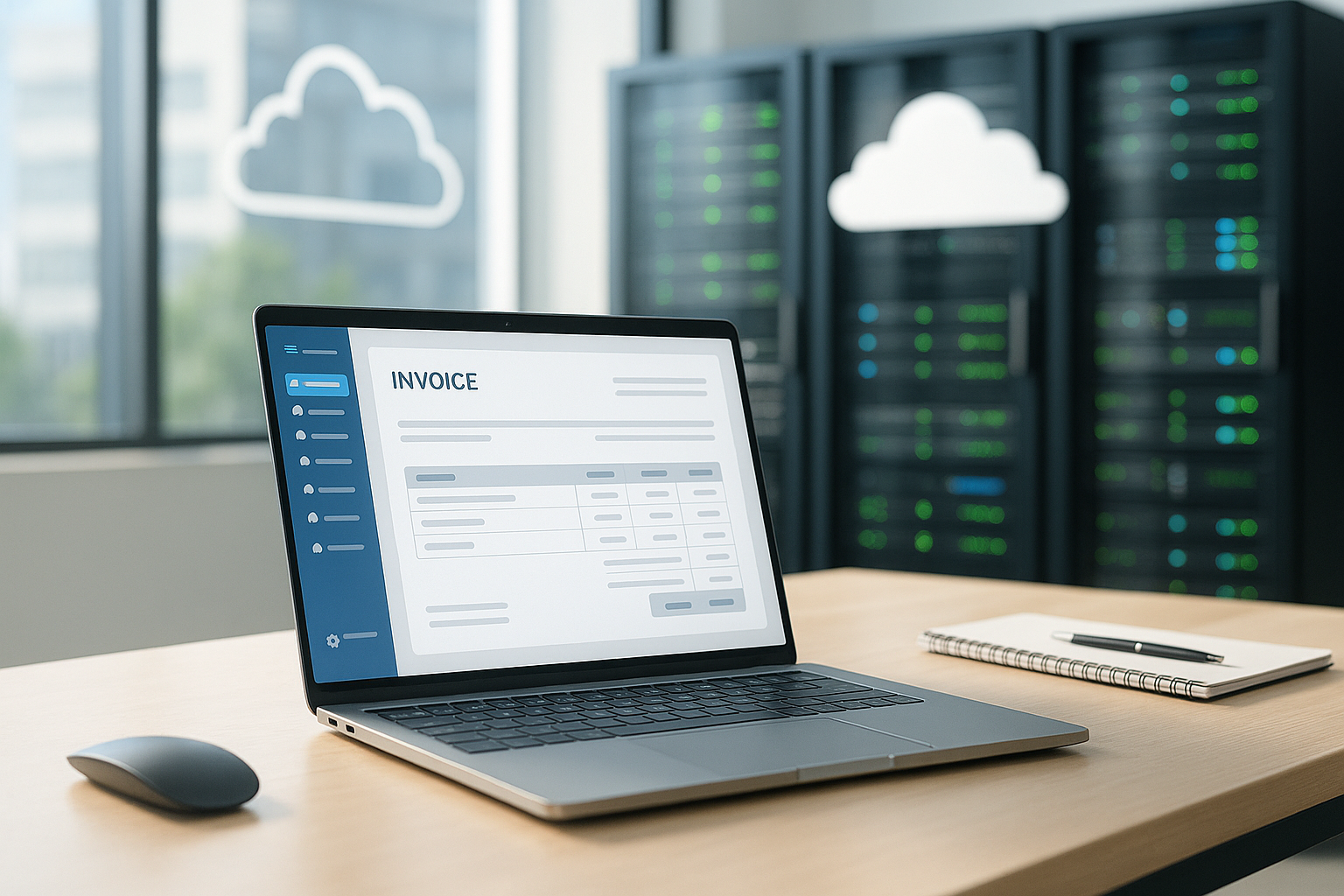 Digitale Rechnungserstellung im Hosting-Büro mit Laptop und Servern
