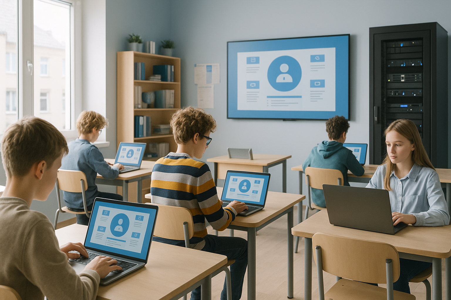 Aula fotorealistica con computer portatili e server per un hosting sicuro nel settore dell'istruzione.