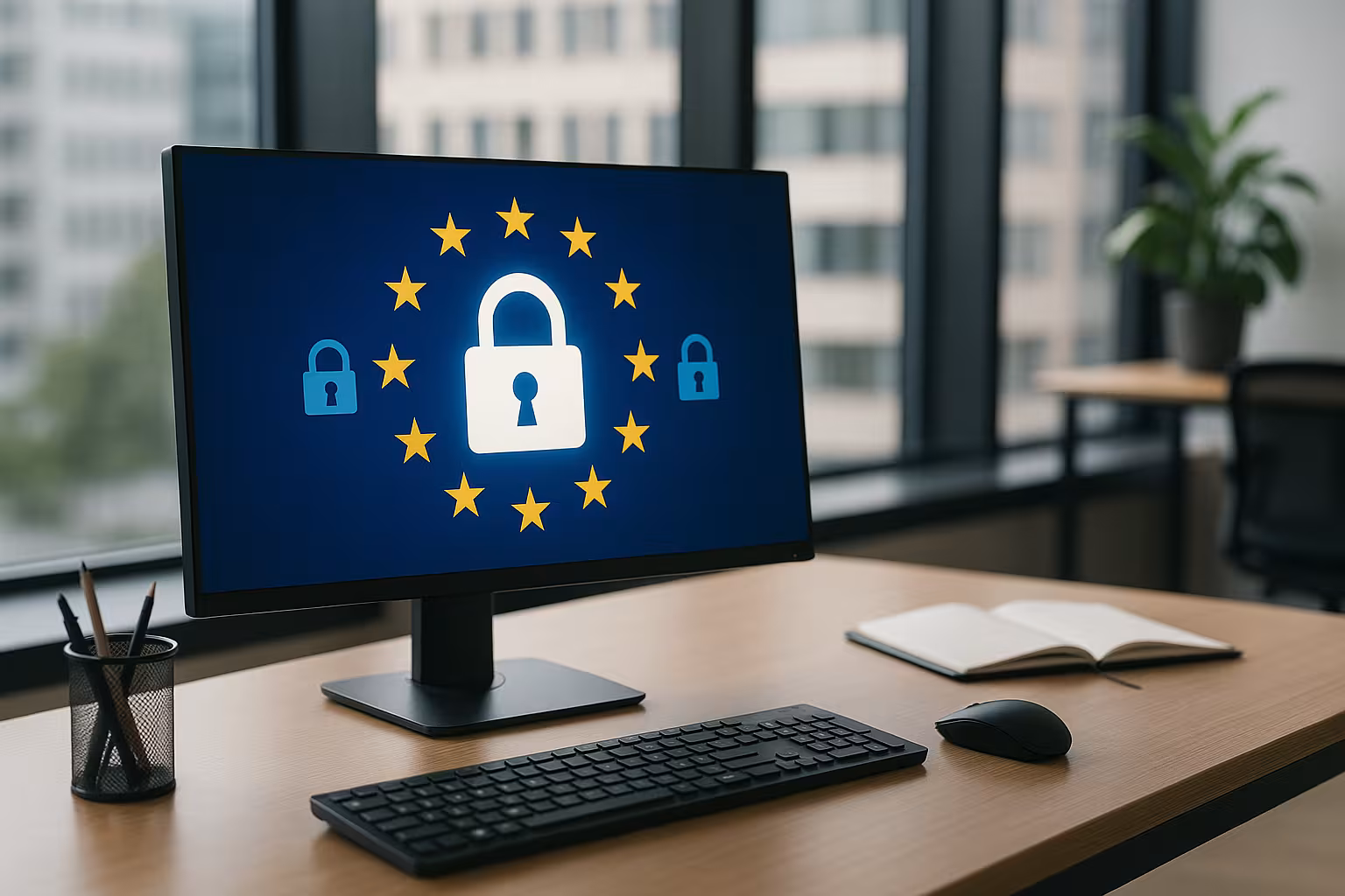 Homepage sicura con simbolo di protezione dei dati e computer in un ufficio moderno