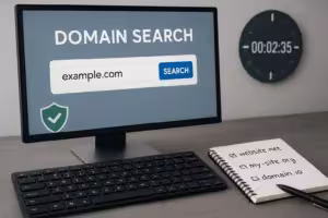 ドメイン移行：コンピュータのキーボード、ドメイン検索とノートブックの画面、セキュリティとドメイン変更のアイコン
