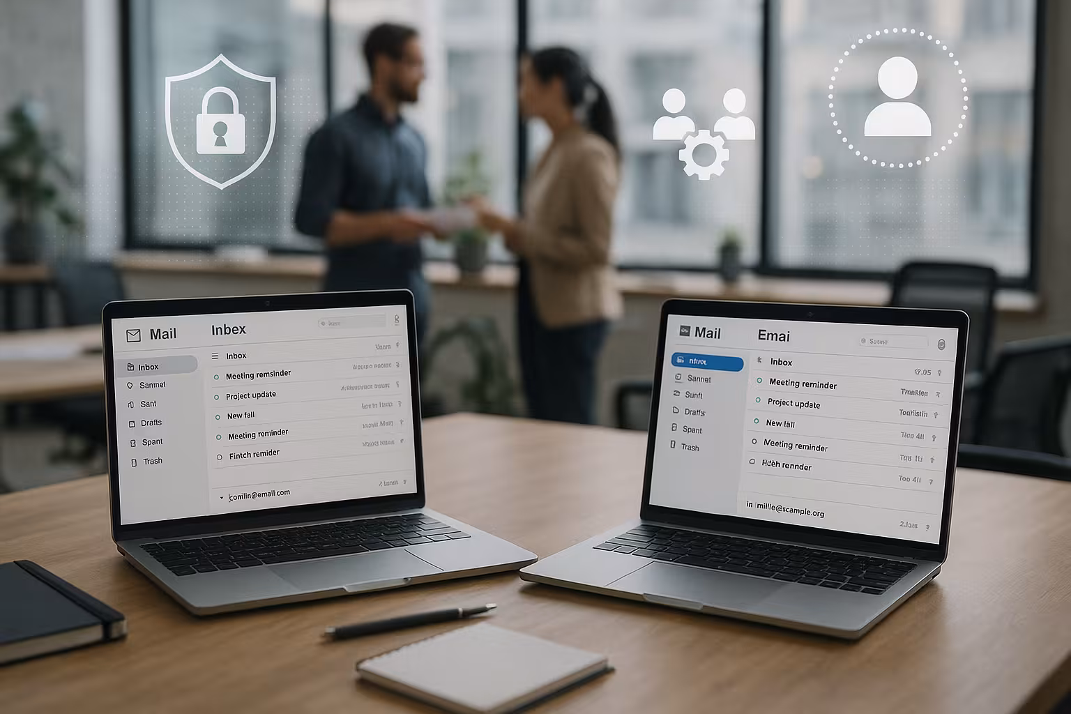 Modernus biuras su nešiojamaisiais kompiuteriais ir atviromis įvairių domenų el. pašto dėžutėmis