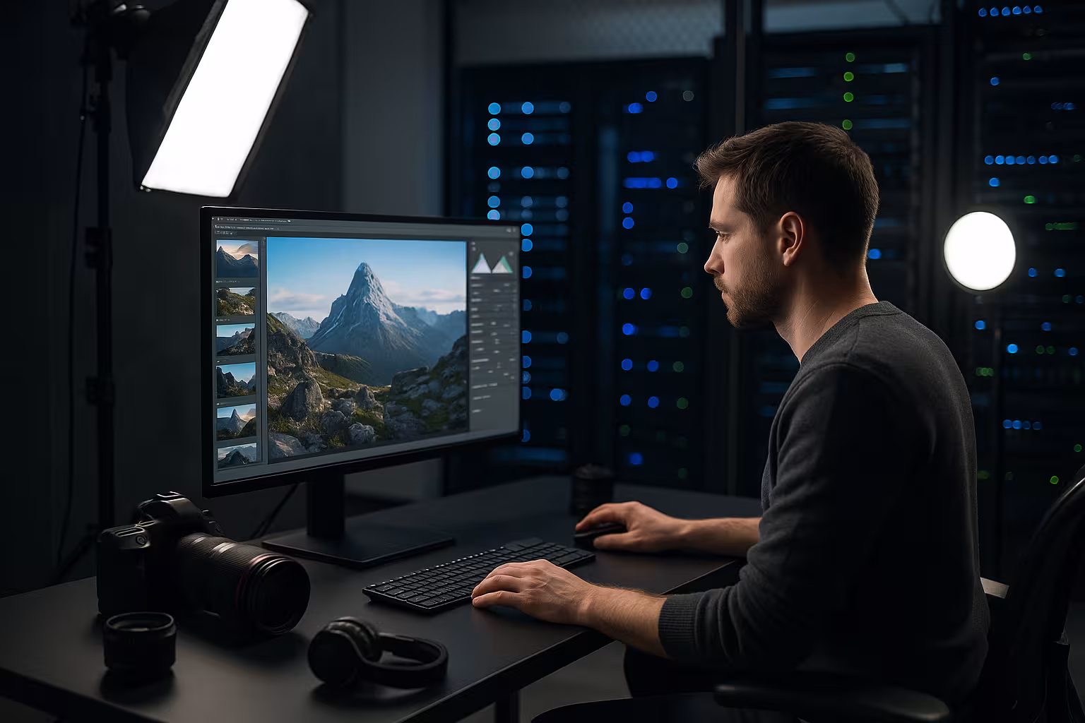 Un fotografo professionista modifica le immagini sul computer con il server in background