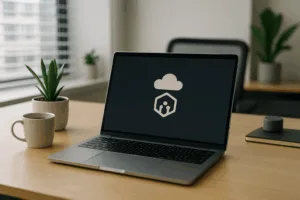 Moderna postazione di lavoro con laptop e tazza di caffè, ideale per piccole imprese e hosting