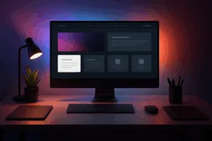 Modern webdesign-werkstation met HTML-sjabloon op het scherm
