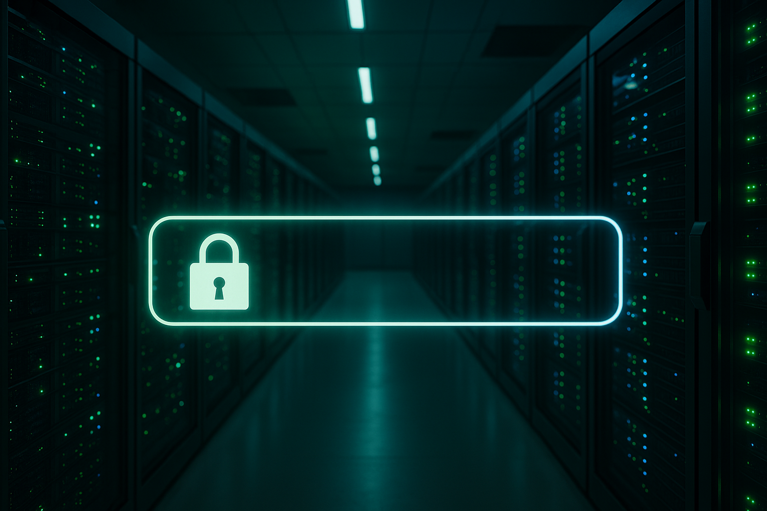 Centro de datos con conexiones HTTPS seguras y símbolo de candado