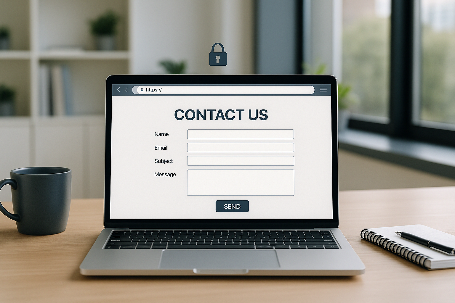 Modulo di contatto sicuro fotorealistico su un laptop con simbolo SSL