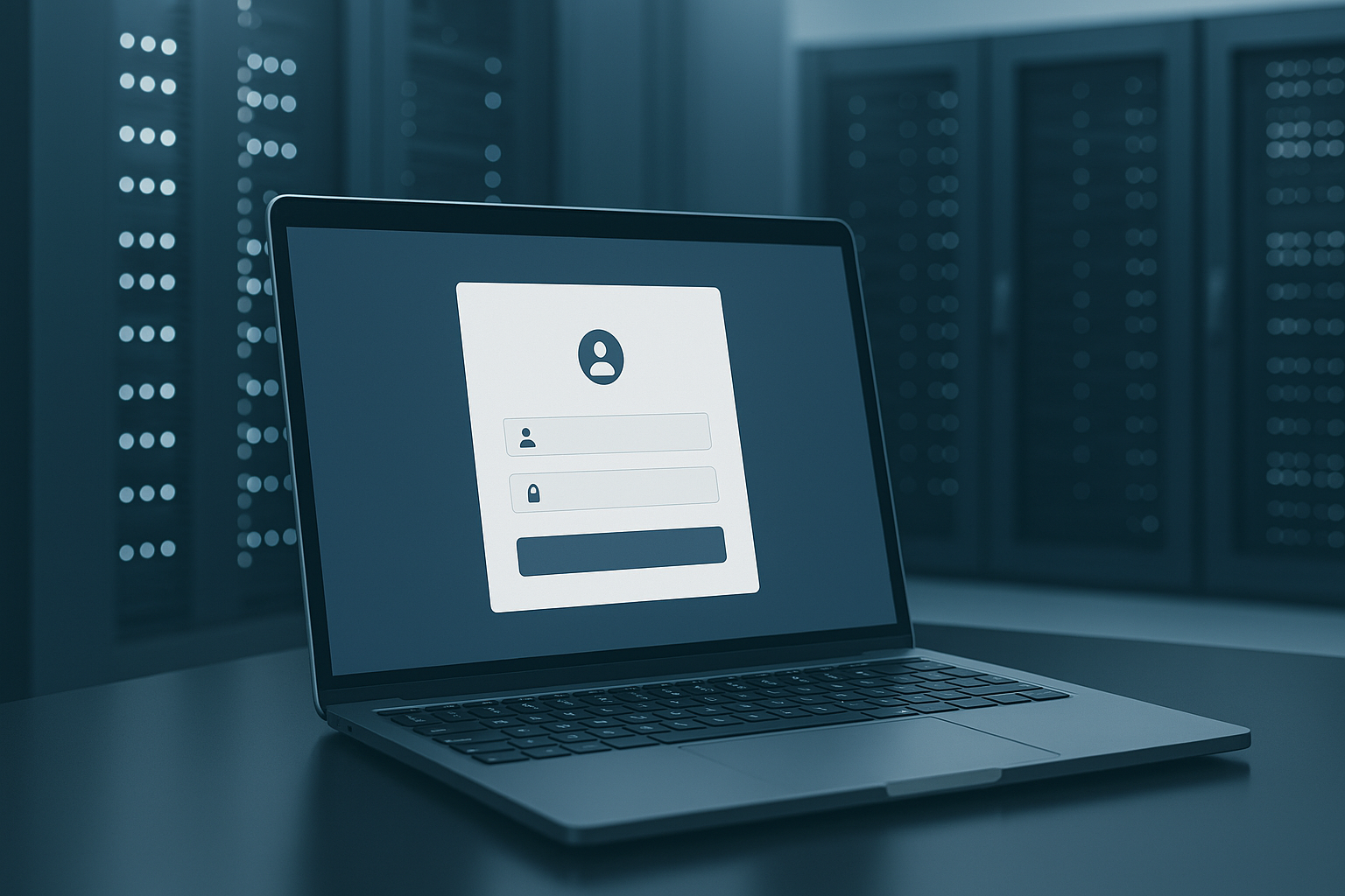 Bärbar dator med öppen webbplats och synligt inloggningsformulär för kund framför serverrum