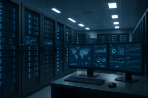 監視ダッシュボードとホスティング・ハードウェアを備えたフォトリアリスティックなサーバールーム