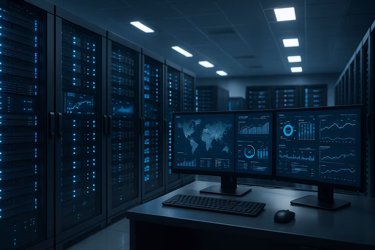 Sala server fotorealistica con dashboard di monitoraggio e hardware di hosting