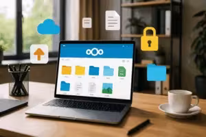 Home office moderno com interface Nextcloud e ícones de nuvem