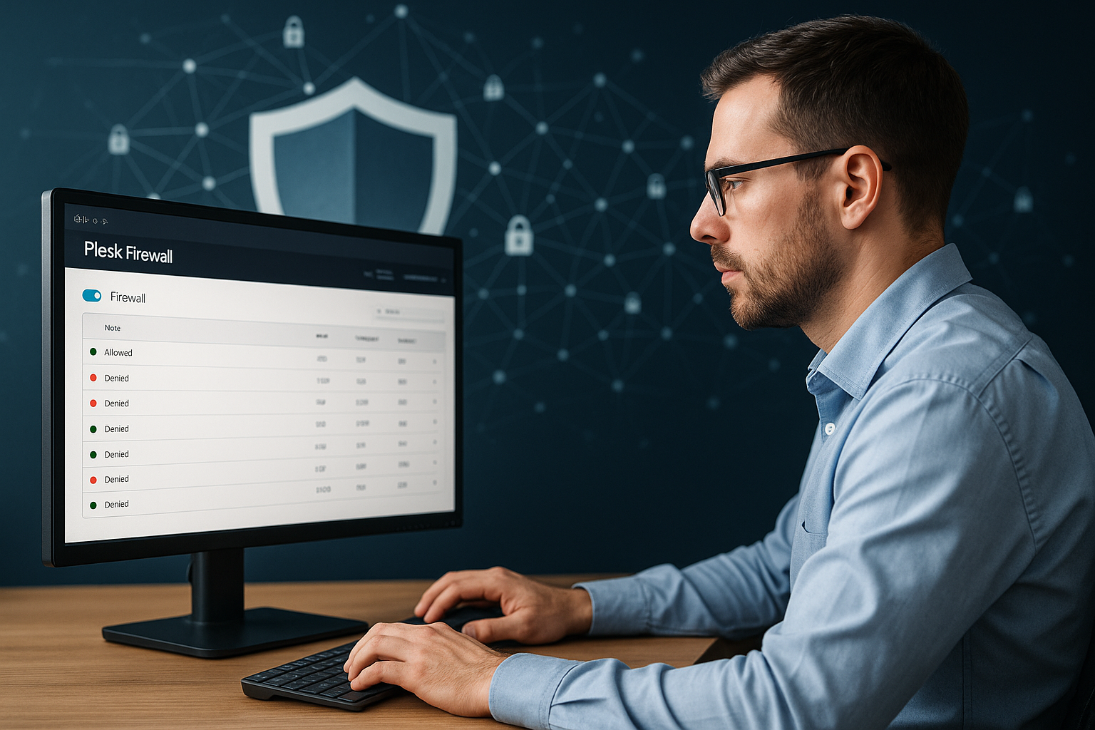 Plesk Firewall Konfiguration auf einem Serverbildschirm mit Sicherheitsvisualisierung