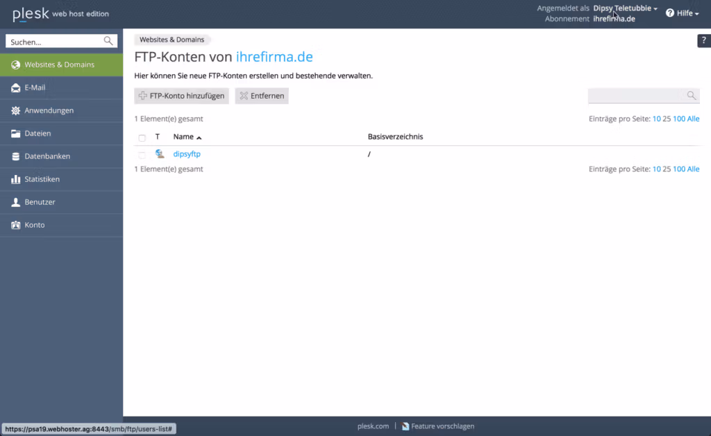 Overview of FTP accounts