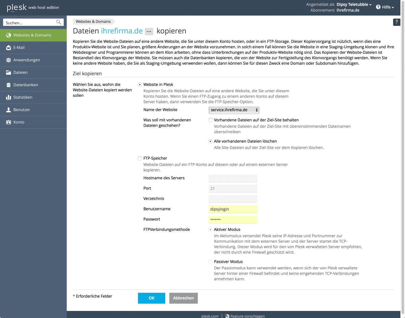 Copy Website with Plesk