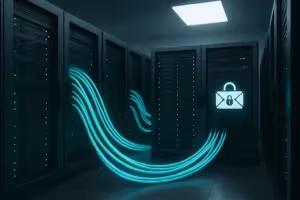 Modern szerverállvány hálózati kábelezéssel az adatközpontban, a biztonságos Postfix beállítások szimbóluma