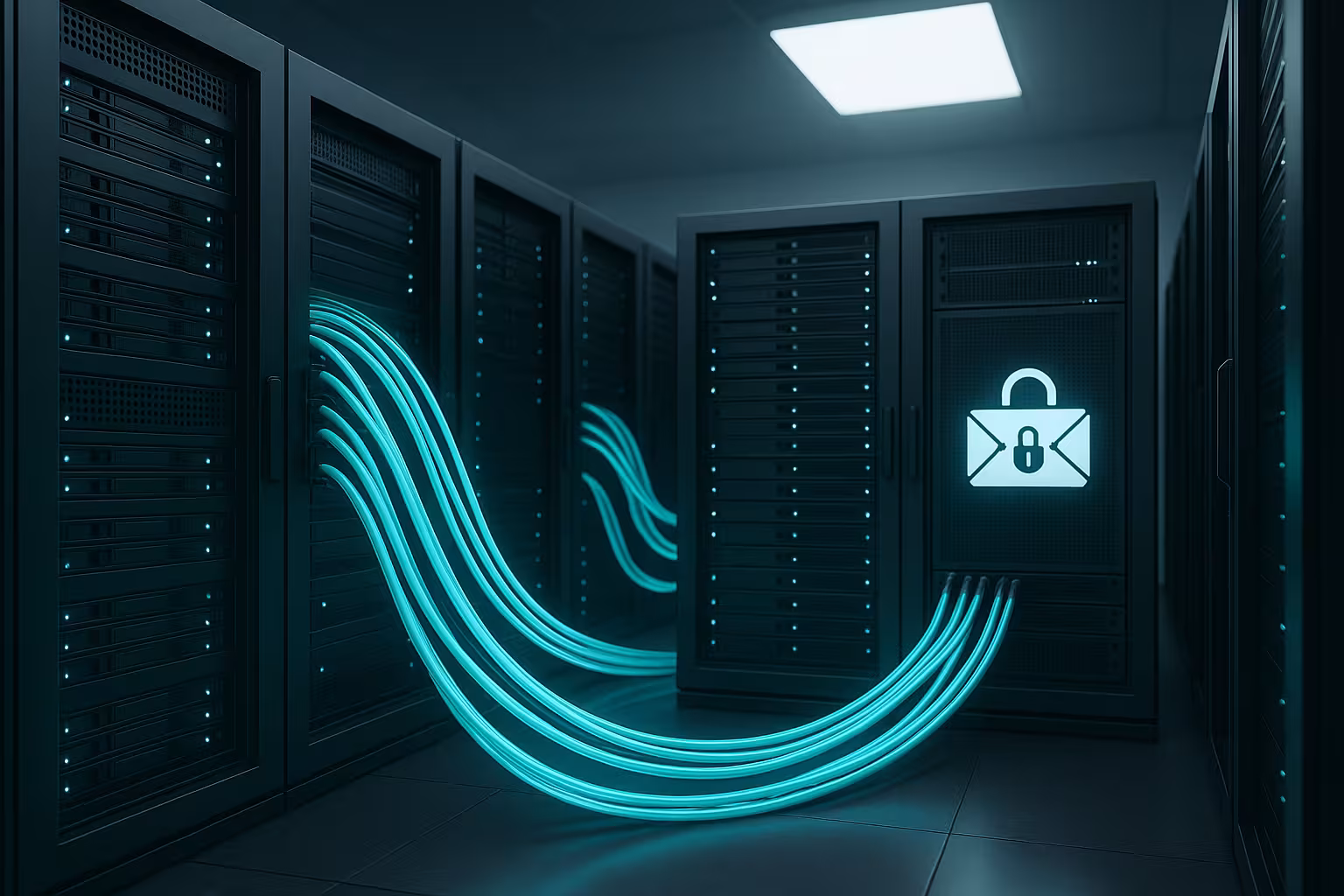 Modernes Serverrack mit Netzwerkverkabelung im Rechenzentrum, Symbol für sichere Postfix Einstellungen