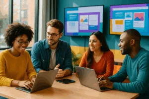 Medlemmer af en klub arbejder sammen på en hjemmeside på en bærbar computer