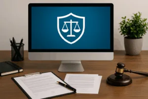 Lainsäädännön mukainen verkkosivusto, jossa on tietosuoja- ja oikeudellinen ilmoitus tietokoneen näytöllä.