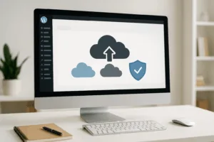 Painel de backup do WordPress com opções de armazenamento em nuvem e ícone de segurança