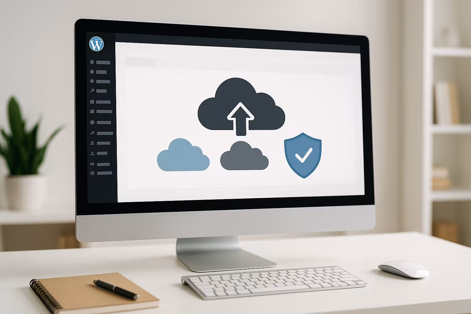 クラウドストレージオプションとセキュリティアイコンを備えたWordPressバックアップダッシュボード