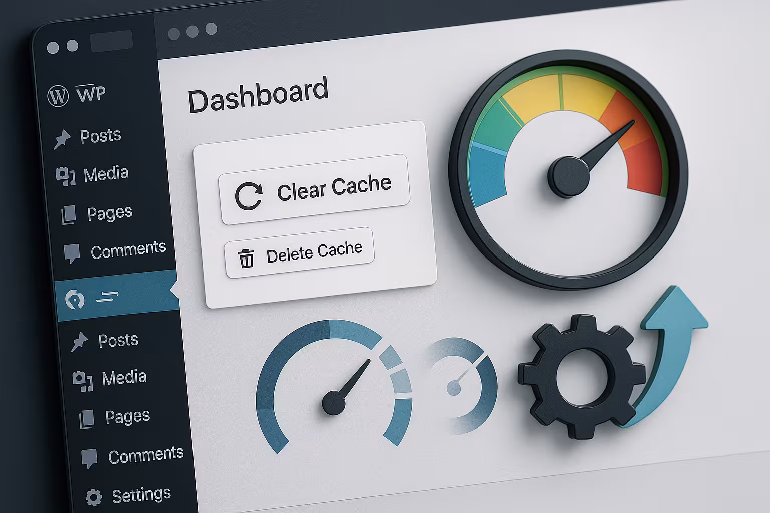 WordPress Dashboard mit Cache-Löschoptionen für schnellere Ladezeiten