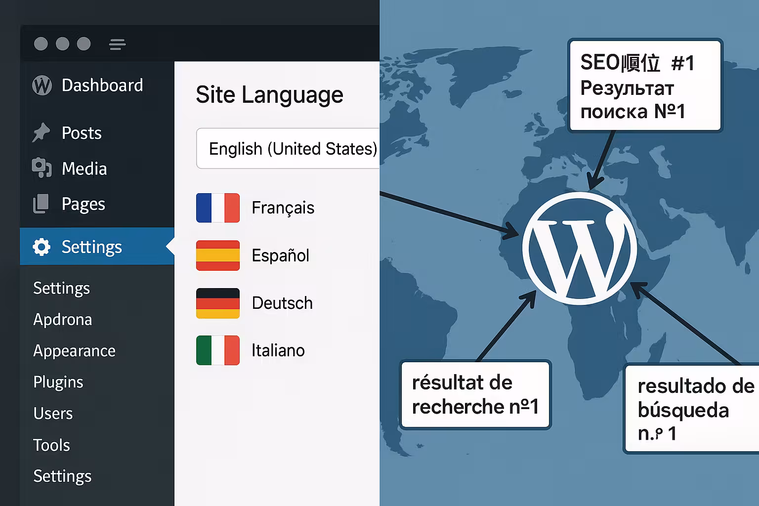 さまざまな言語設定とSEO最適化を備えたWordPress多言語ダッシュボード