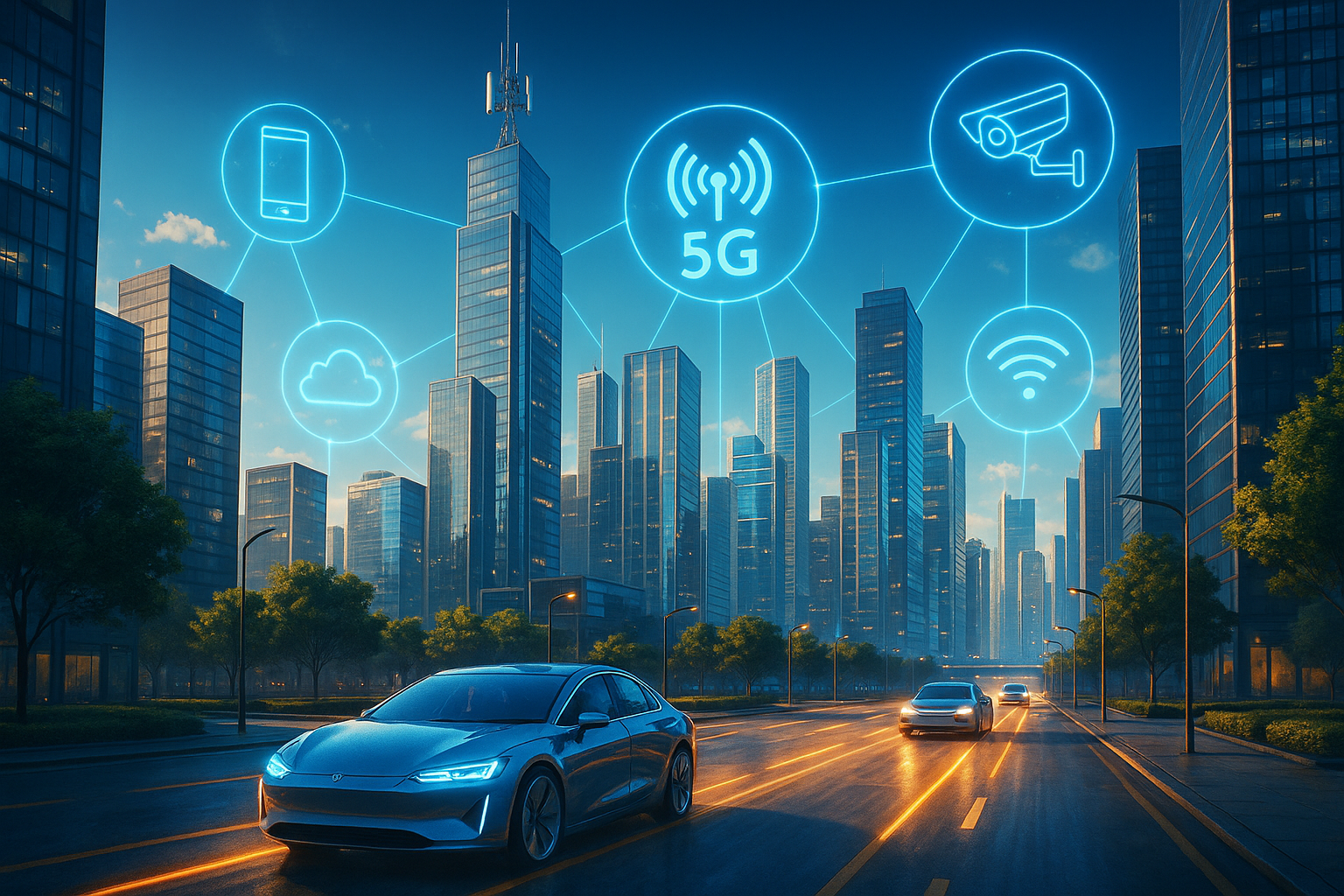 Oraș futurist cu antene 5G, dispozitive în rețea și mașini autonome în lumina zilei