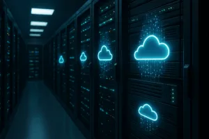 Centru de date cu servere de backup și pictograme cloud, concept modern de backup al datelor