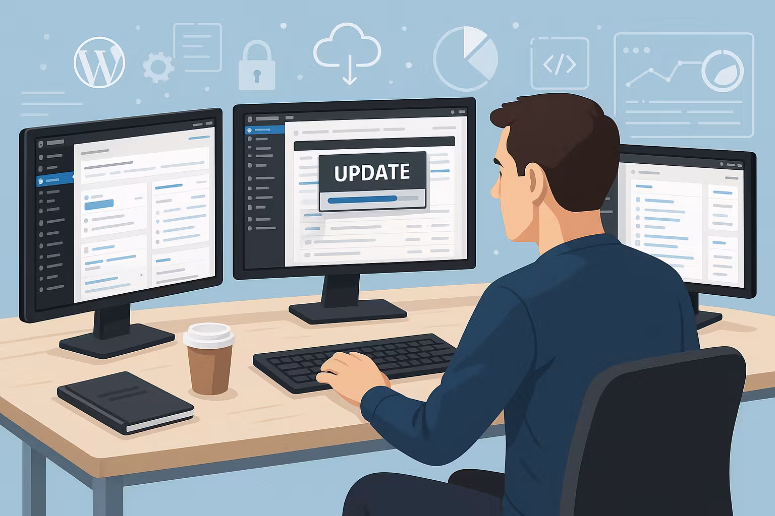 Birou modern cu monitoare care afișează actualizările și întreținerea CMS