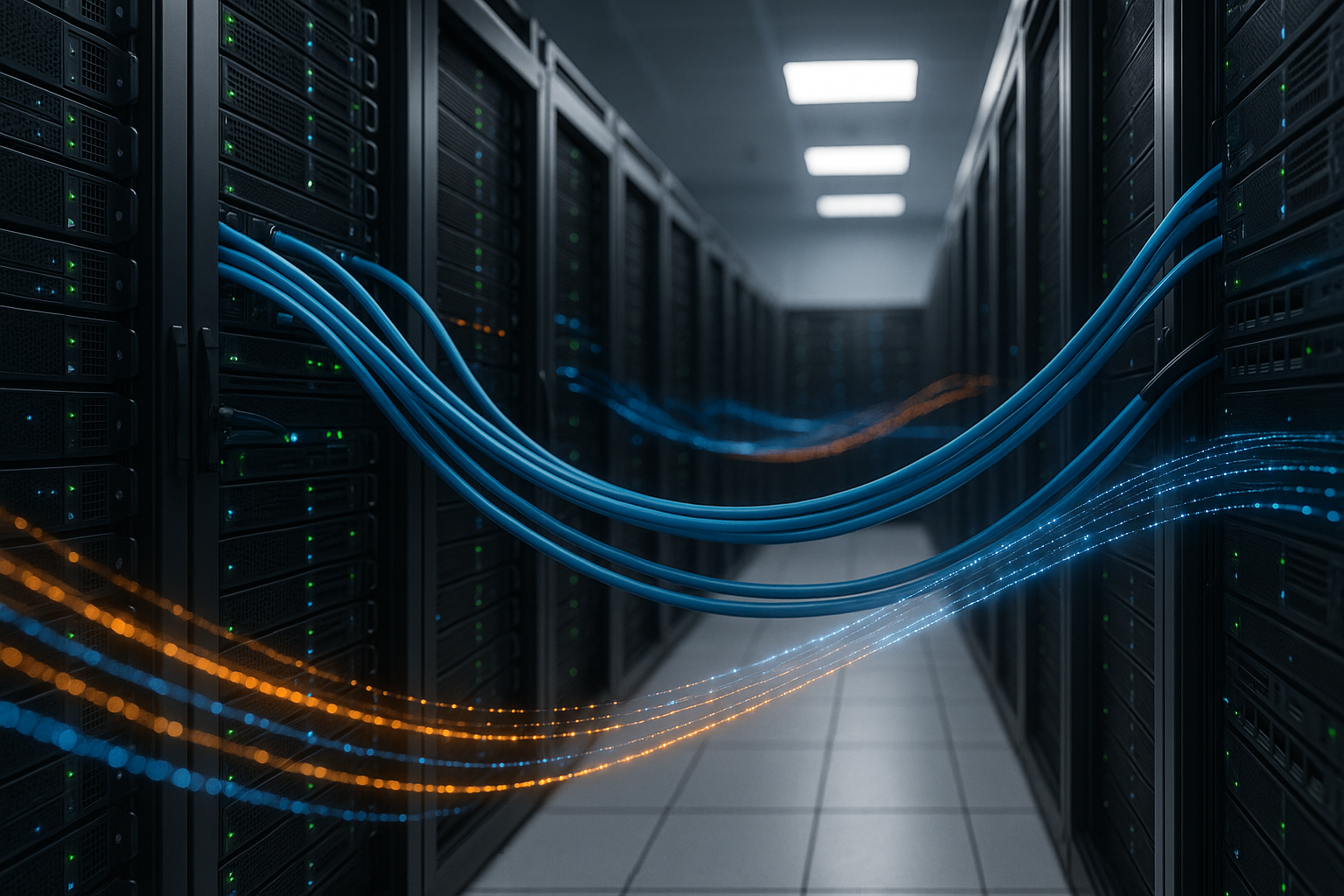 Server potenti in un moderno data center con flussi di dati e reti.