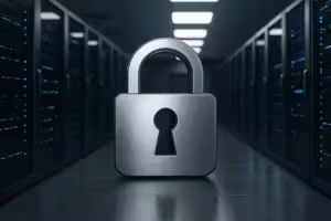 Símbolo de proteção de dados na frente do sistema do servidor - processamento seguro de dados na Internet