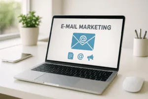 Il laptop mostra una campagna di email marketing progettata con successo su una scrivania moderna.