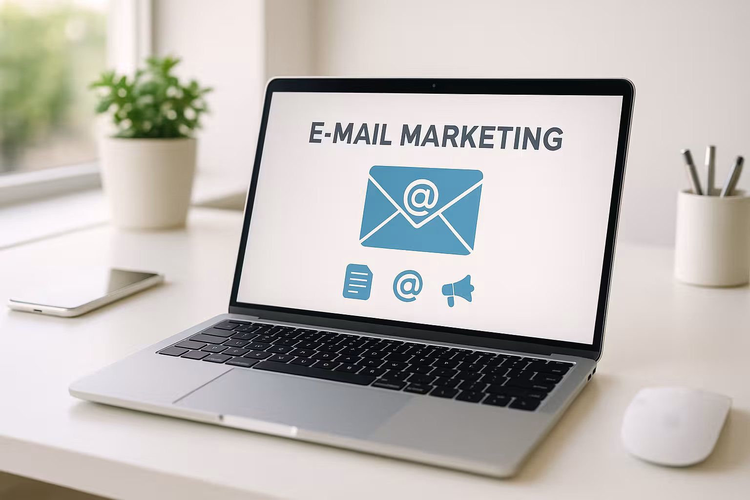 Nešiojamasis kompiuteris rodo sėkmingai sukurtą el. pašto rinkodaros kampaniją ant modernaus stalo.