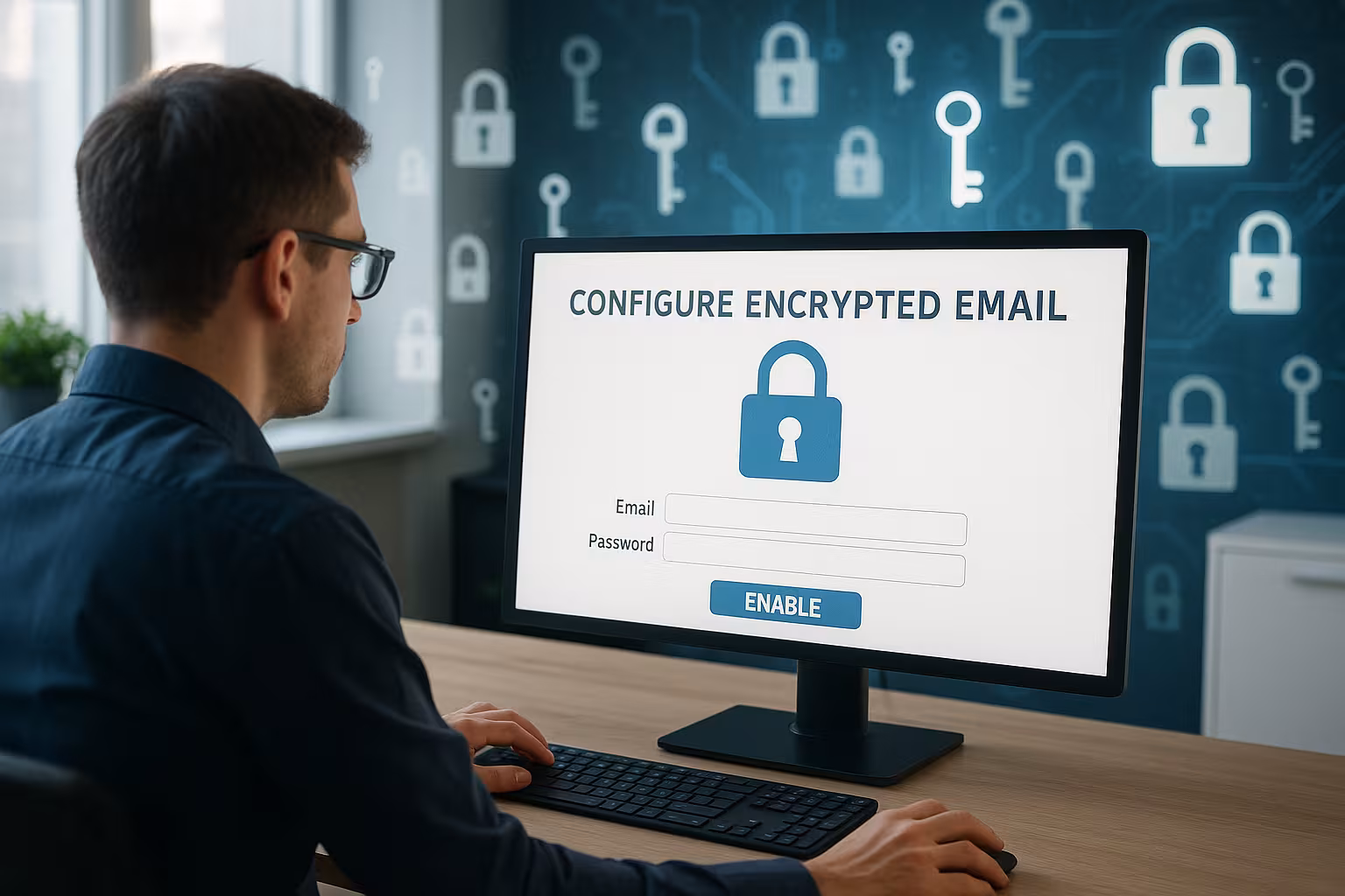 Persoana configurează criptarea e-mailului pe computer într-un birou modern