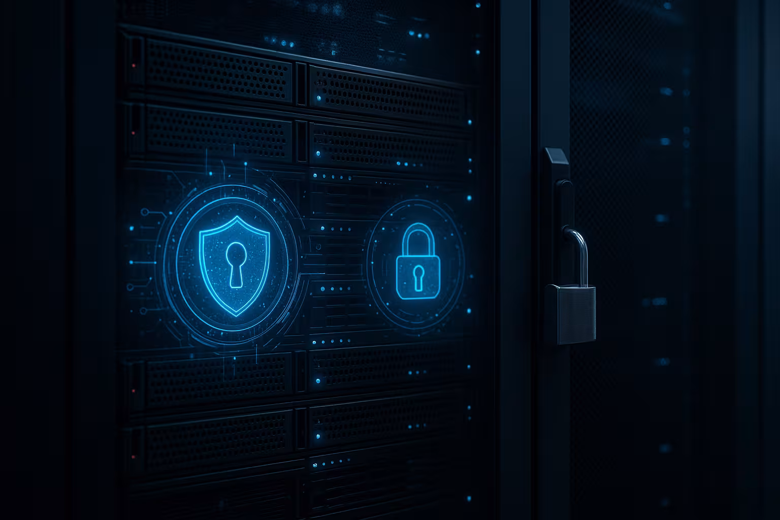 Rappresentazione fotorealistica di un server e-mail sicuro in un moderno data center