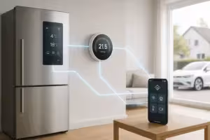 Una casa intelligente in rete con dispositivi IoT e flussi di dati